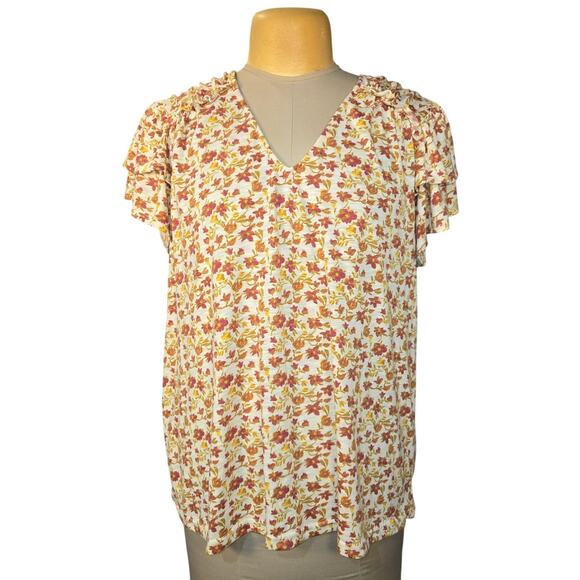 Rose & Olive Womens 1X Floral Shirt Stretch Ruffle Short Sleeve Vacation Casual - Picture 1 of 9